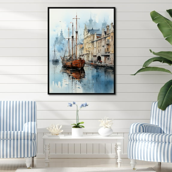 Designart "Antique Ship From The 1900S At The Harbor I" Port Landscape Floater Framed Canvas Art Print