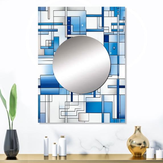 Designart "Antique Striped Rectangles" Geometric Mirror Wall Decor - Modern Blue Geometric Hallway Wall Mirror Art - 32" x 24" Inch