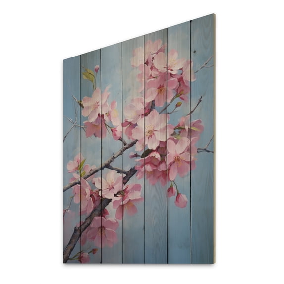 Designart "Apple Blossom Monochromatic gracefulness XI" Floral Print on Natural Pine Wood