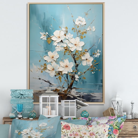 Designart "Apple Blossom Monochromatic gracefulness XX" Floral Floater Framed Canvas Print