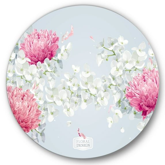 Designart 'Apple Blossom and Chrysanthemums' Traditional Circle Metal Wall Art 23x23 - Disc of 23