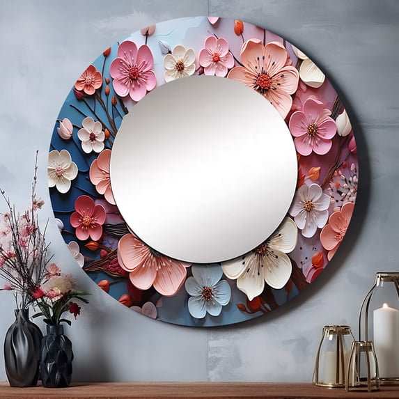 Designart "Apple Blossom euphony I" Apple Blossom Round Mirror Wall Decor Traditional - Large Coral Round Bathroom Mirror - Round Mirror - 29" x 29"