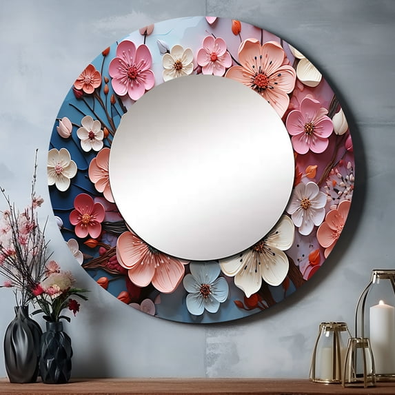 Designart "Apple Blossom euphony I" Apple Blossom Round Mirror Wall Decor Traditional - Large Coral Round Bathroom Mirror - Round Mirror - 36" x 36"