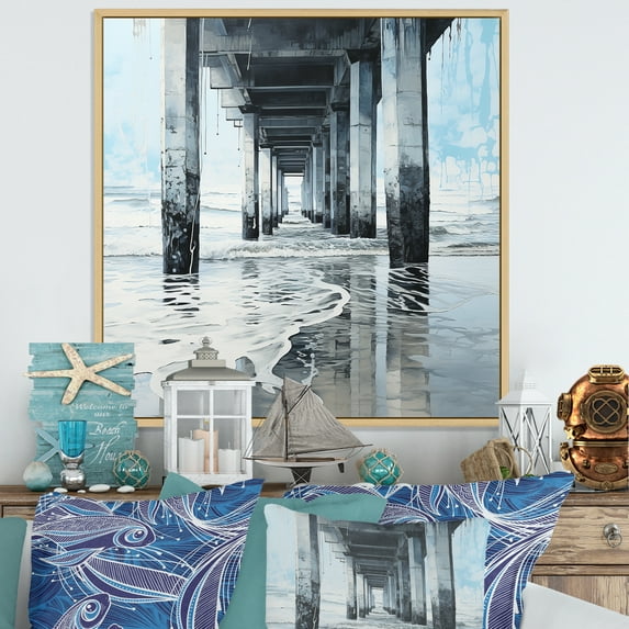 Designart "Aqua And Snow Minimalist Dock View" Coastal Floater Framed Canvas Prints