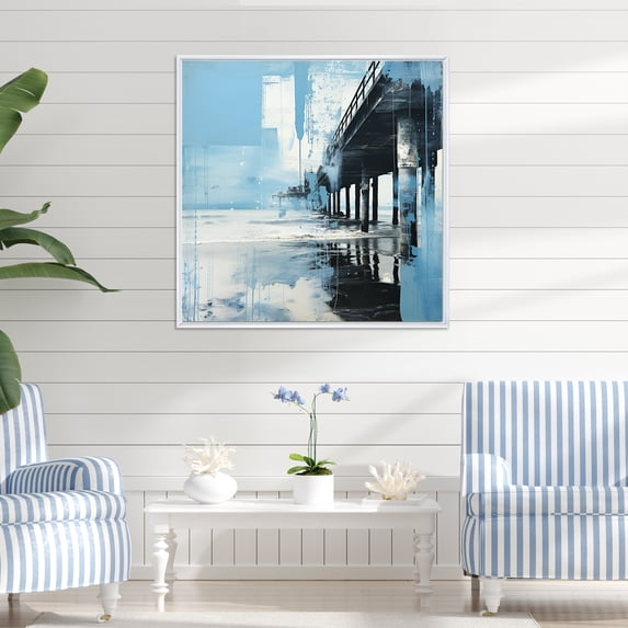 Designart "Aqua And Snow Minimalist Dock View I" Coastal Floater Framed Wall Decor