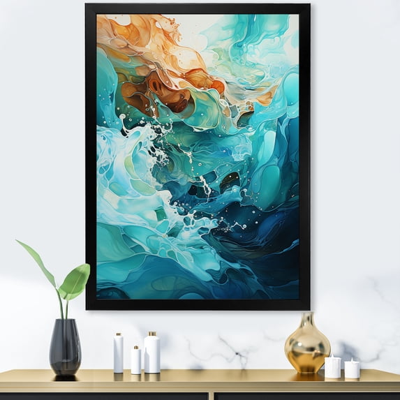 Designart "Aqua Dream Rush Motion IV" Abstract Framed Wall Art - Modern Orange Abstract Collages Entryway Framed Wall Art