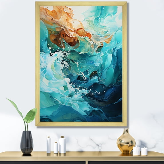 Designart "Aqua Dream Rush Motion IV" Abstract Framed Wall Art - Modern Orange Abstract Collages Entryway Framed Wall Art