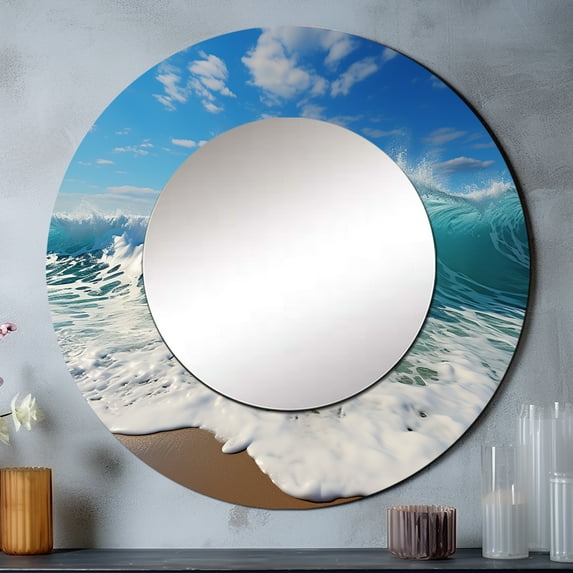 Designart "Aqua Force Of The Sea Surge" Beach Rund Mirror For Wall Decor - Large Turquoise Round Print Mirror - Round Coastal Mirror - Wall Mounted Round Large Mirror - 23" x 23"