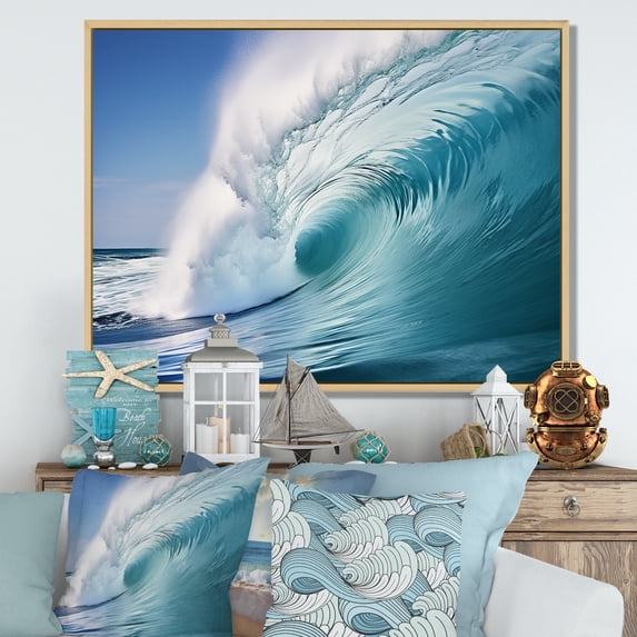 Designart "Aqua Force Of The Sea Surge III" Coastal Floater Framed Wall Art Prints