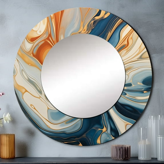 Designart "Aqua Symphony Teal Orange Expression" Abstract Rund Mirror For Wall Decor - Large Teal Round Print Mirror - Round Modern Mirror 29" x 29" Inch - Wall Mounted Round Large Mirror