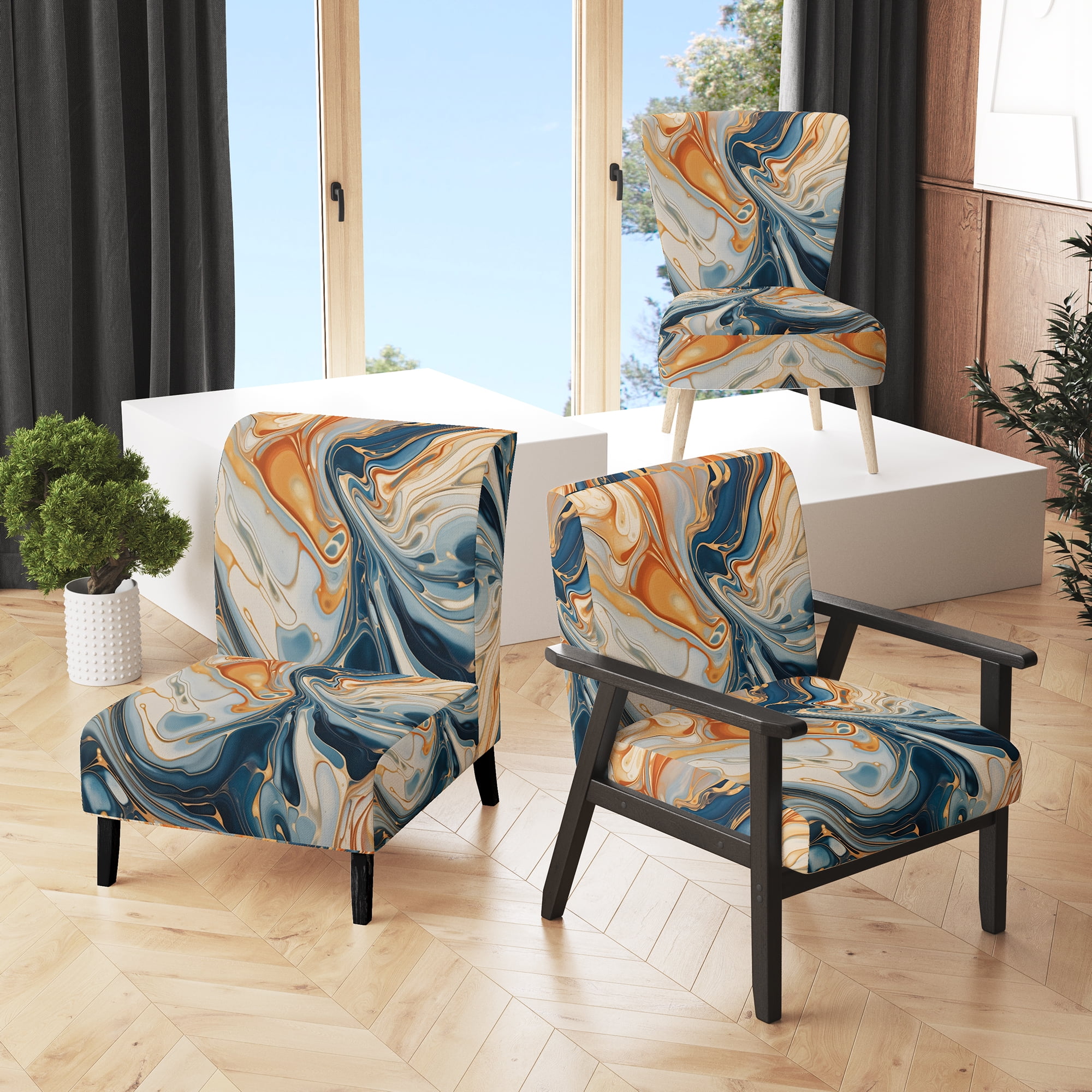 Designart Aqua Symphony Teal Orange Expression Teal Abstract Upholstered Accent Chair Modern Arm Chair For Bedroom