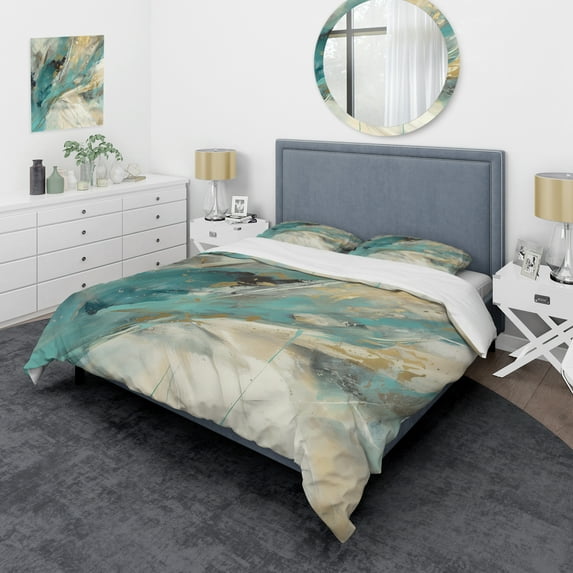 Designart "Aquamarine Fortuity Abstract Canvas II" Abstract Painting Bedding Covert Set - Modern Turquoise Abstract Bed Set With 1 Sham