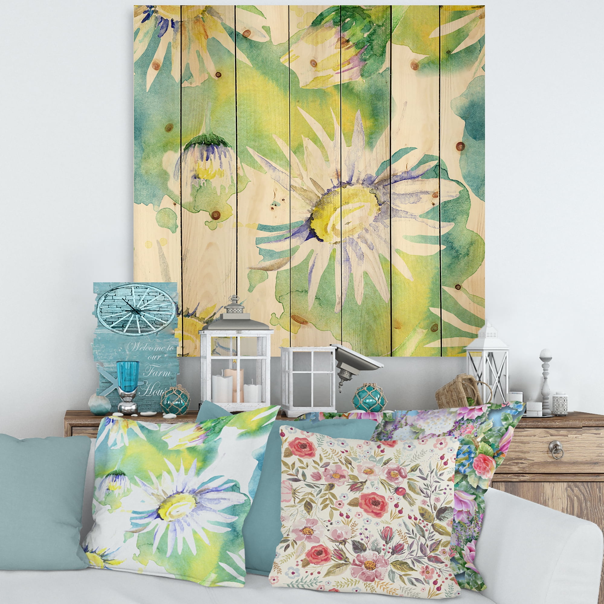 Designart 'Aquarelle Impression of Daisy Flowers II' Traditional Print on Natural Pine Wood