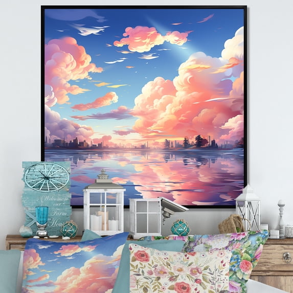Designart "Aquarelle Sky Calm in Pink and Blue III" Food & Beverage Framed Wall Art - Pink Fruits Hallway Framed Wall Art Decor