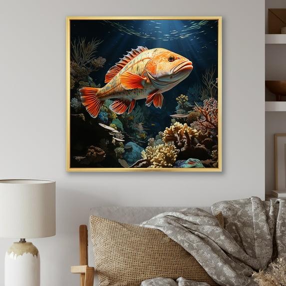 Designart "Aquariums Majestic Marine painting" Animals Floater Framed Wall Art Print