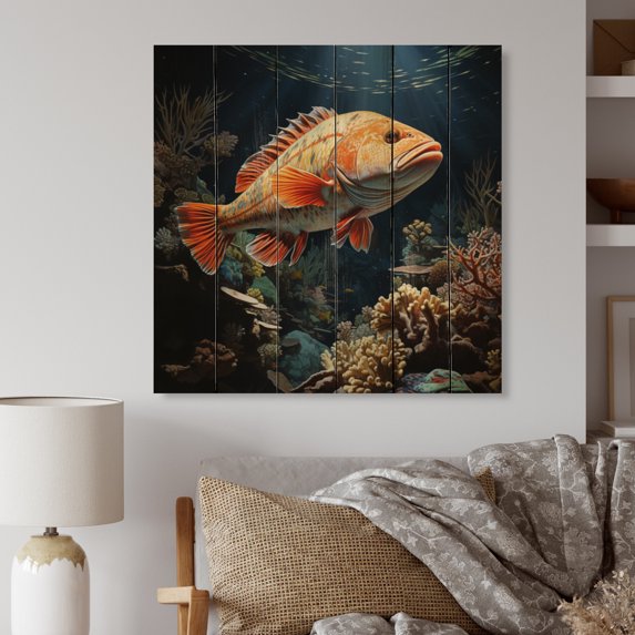 Designart "Aquariums Majestic Marine painting" Animals Print on Natural Pine Wood