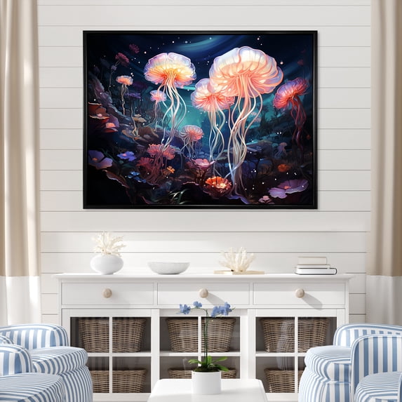 Designart "Aquatic Ballet Of Blue And Pink Jellies I" Coastal Coral Under Water Floater Framed Wall Art Prints