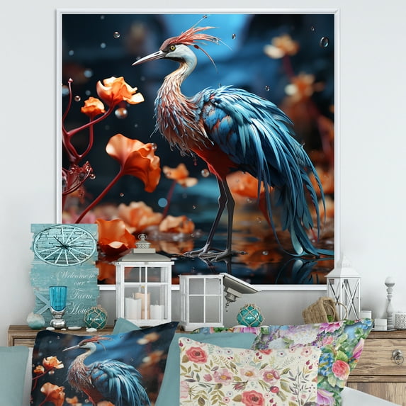 Designart "Aquatic Blue Heron" Animals Bird Floater Framed Canvas Wall Art