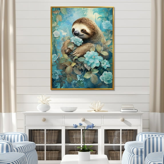 Designart "Aquatic Peace Sloth Bloom" Sloth Floater Framed Canvas Prints