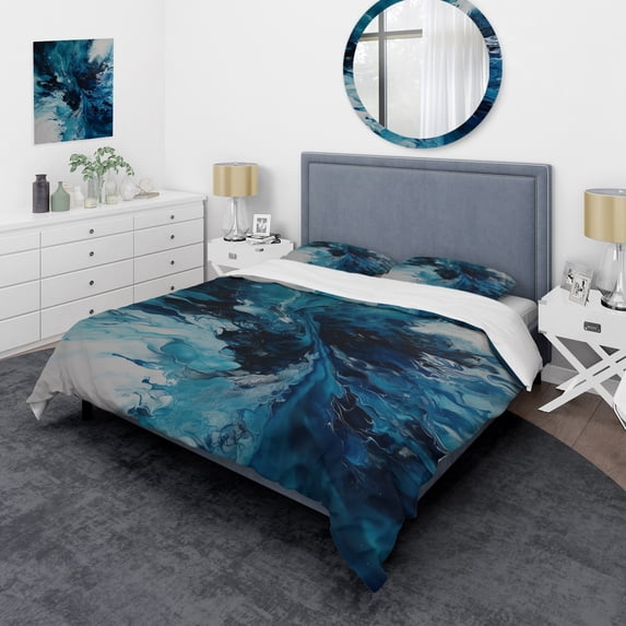Designart "Aqueous Whimsy in Teal and Black I" Abstract Bedding Covert Set - Modern Teal Transitional Bed Set With 2 Shams