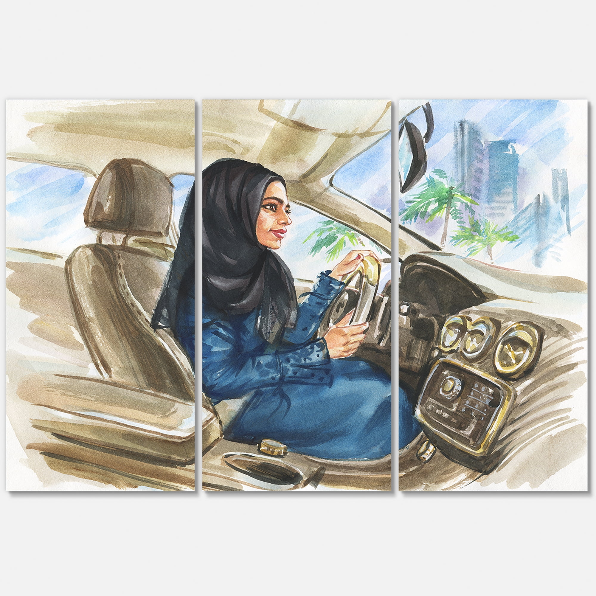 Designart ' Arabian Lady Driving A Car I ' Modern Canvas Wall Art Print