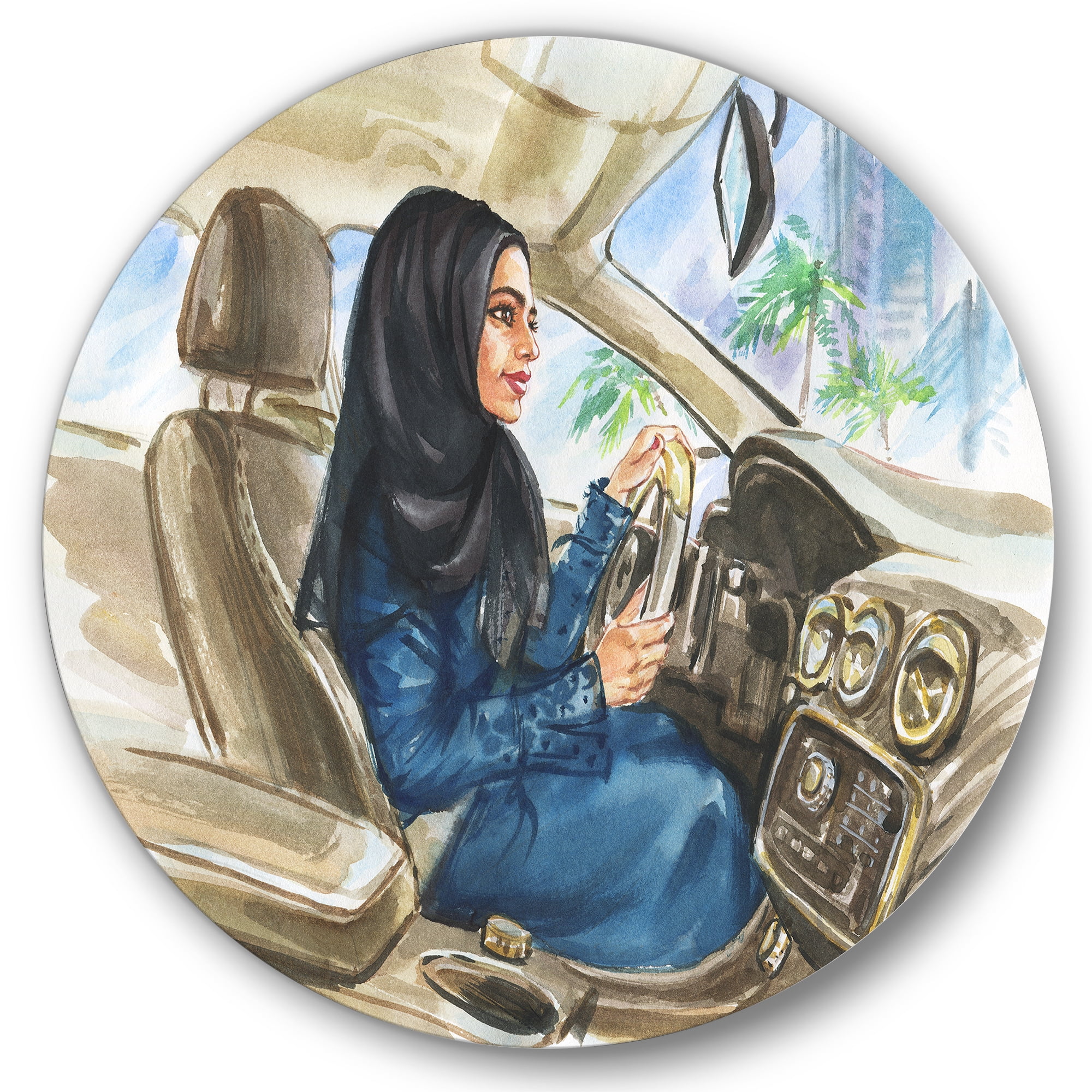 Designart 'Arabian Lady Driving A Car I' Modern Circle Metal Wall Art 23x23 - Disc of 23