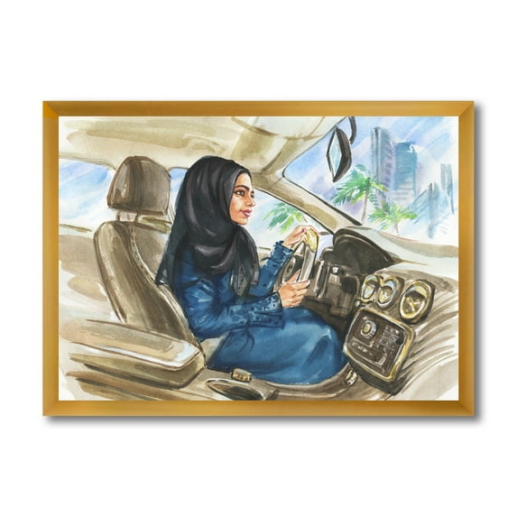 Designart 'Arabian Lady Driving A Car I' Modern Framed Art Print