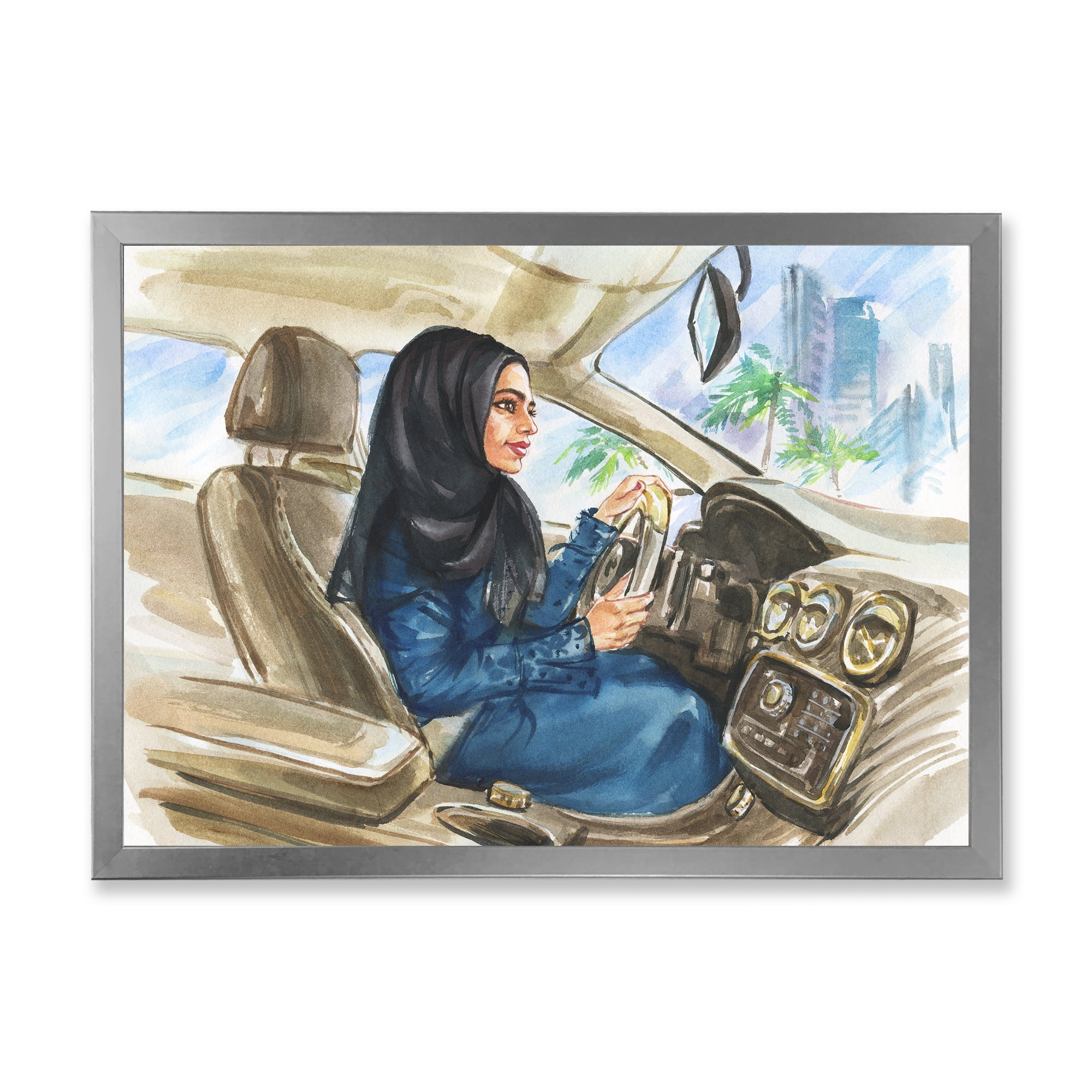 Designart 'Arabian Lady Driving A Car I' Modern Framed Art Print