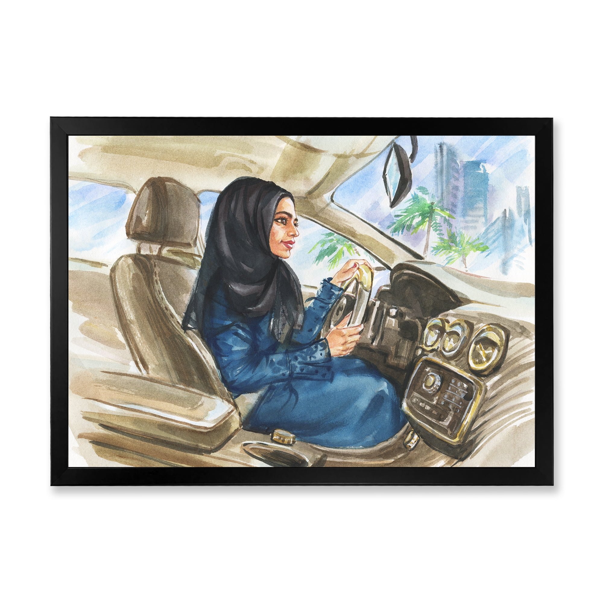 Designart 'Arabian Lady Driving A Car I' Modern Framed Art Print