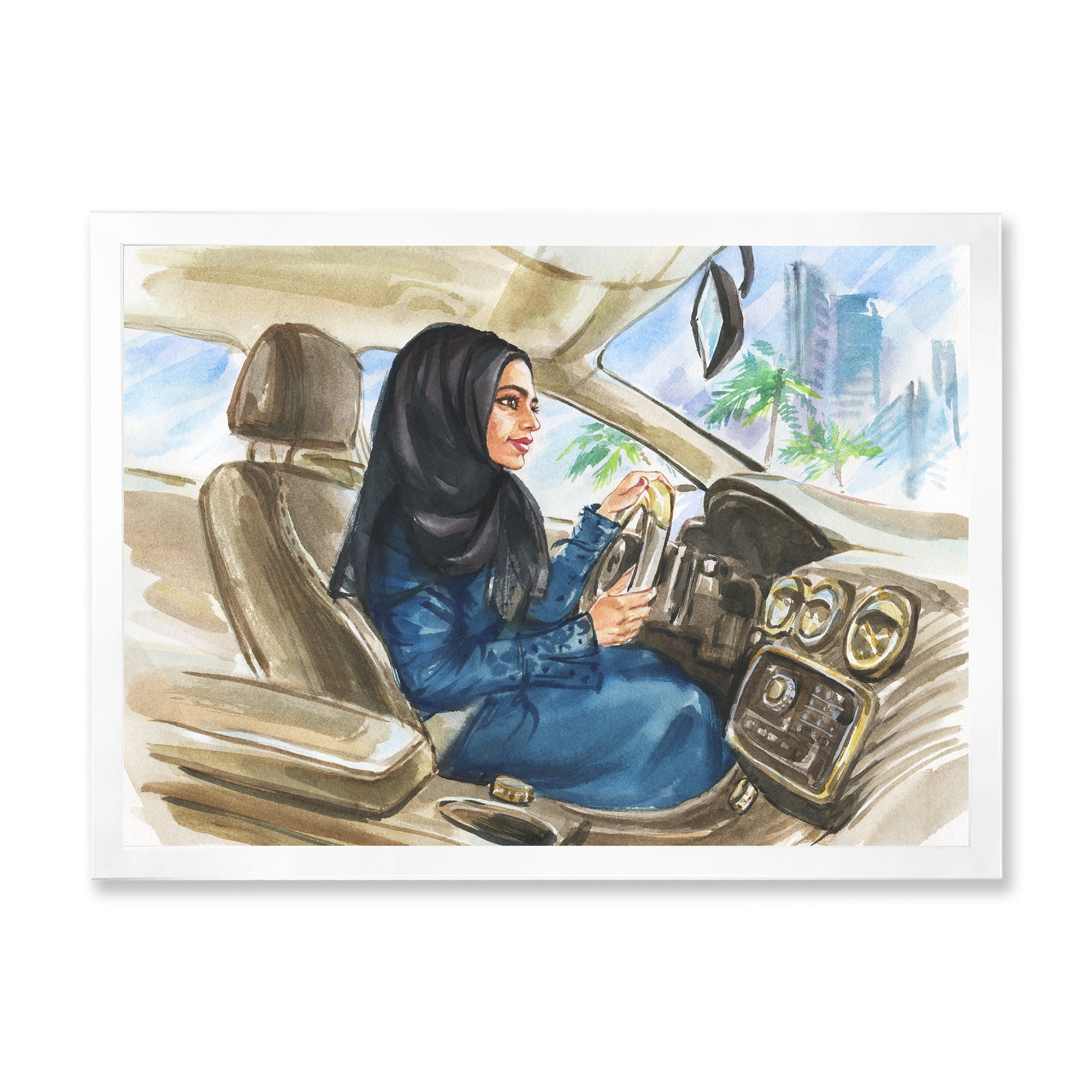 Designart 'Arabian Lady Driving A Car I' Modern Framed Art Print