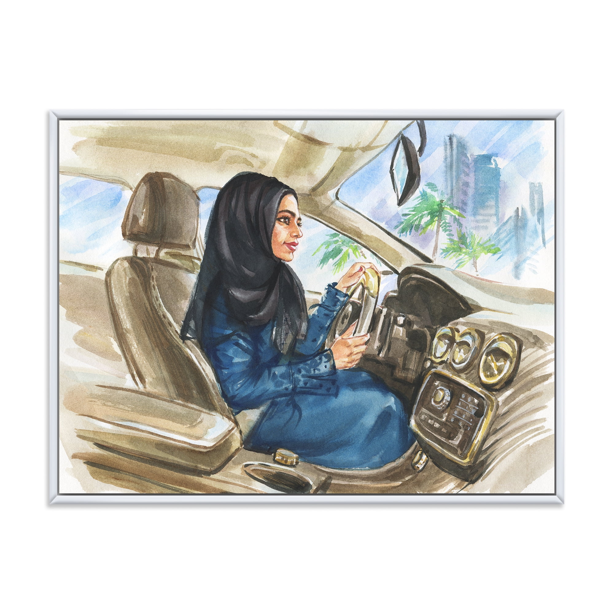 Designart 'Arabian Lady Driving A Car I' Modern Framed Canvas Wall Art Print
