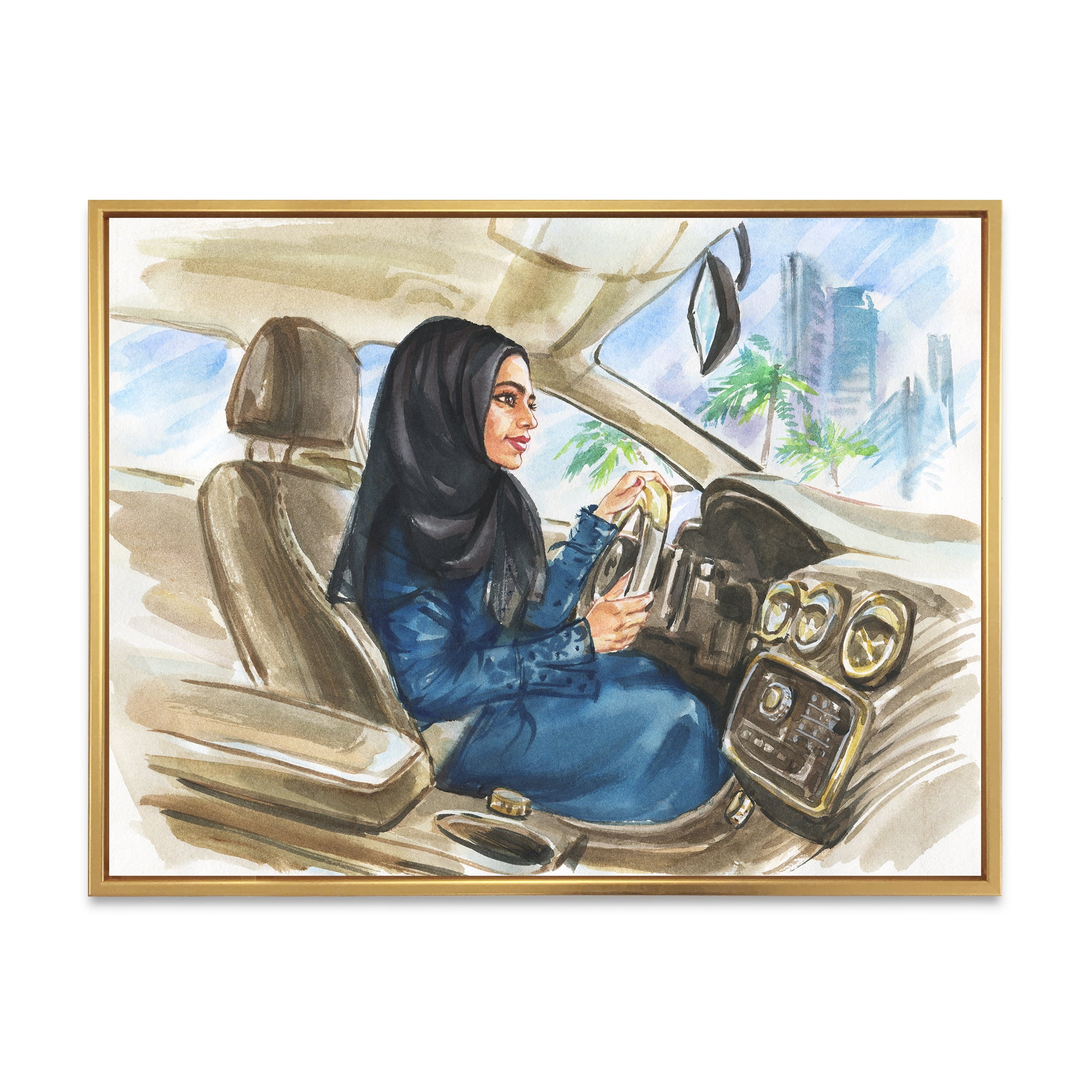 Designart 'Arabian Lady Driving A Car I' Modern Framed Canvas Wall Art Print