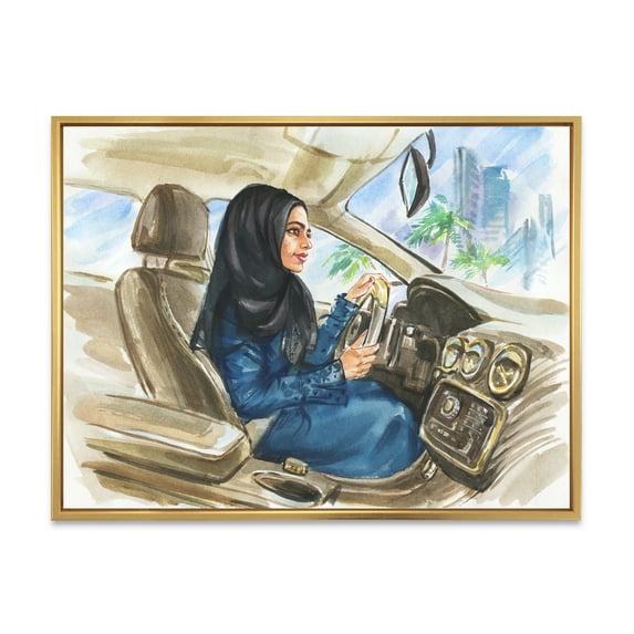 Designart 'Arabian Lady Driving A Car I' Modern Framed Canvas Wall Art Print