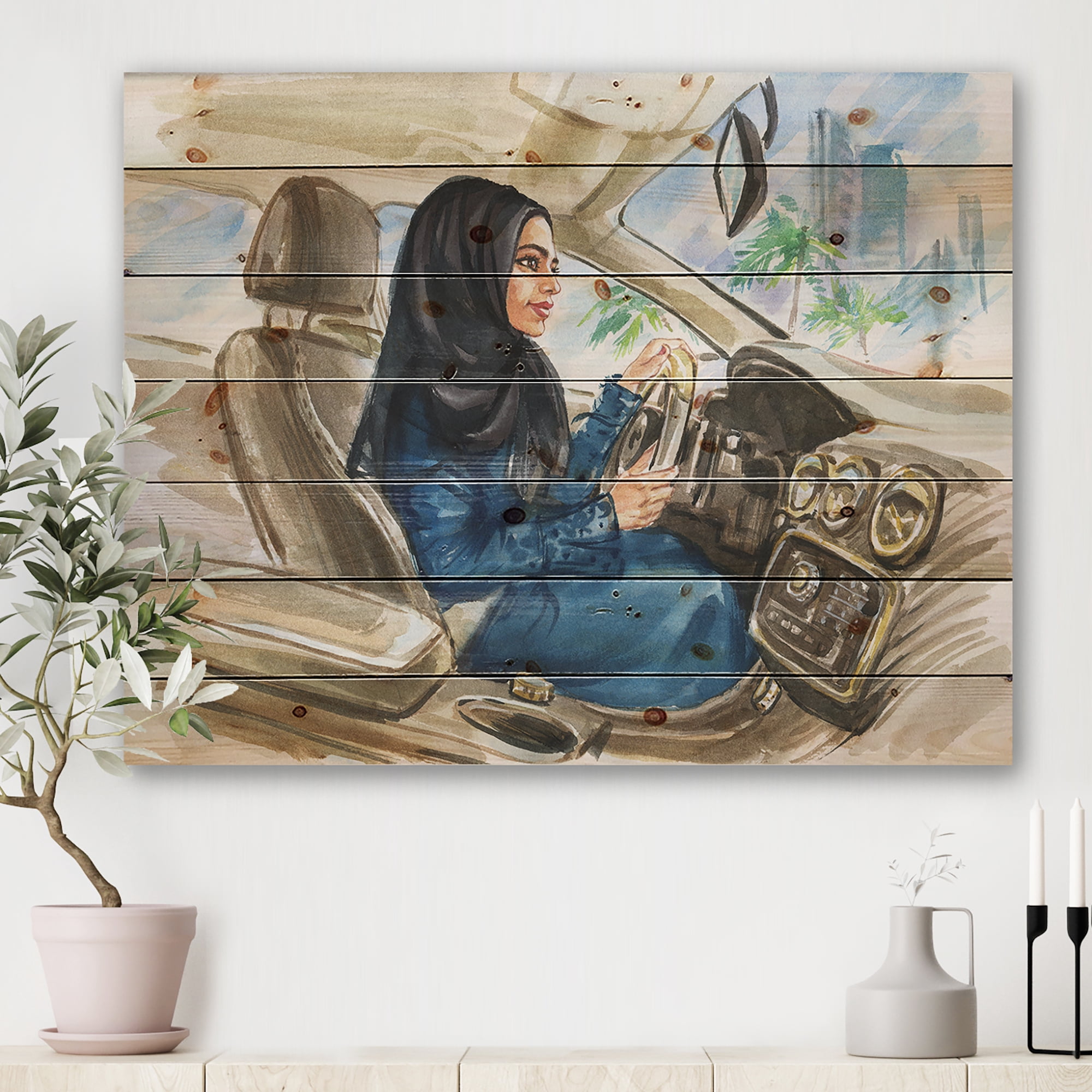 Designart 'Arabian Lady Driving A Car I' Modern Print on Natural Pine Wood