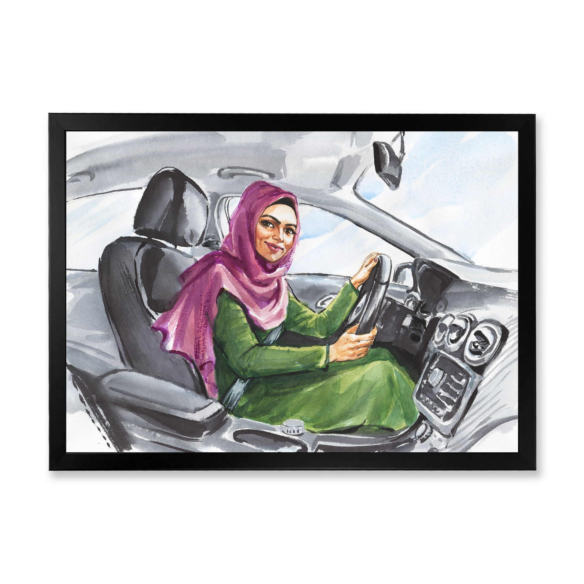 Designart 'Arabian Lady Driving A Car II' Modern Framed Art Print