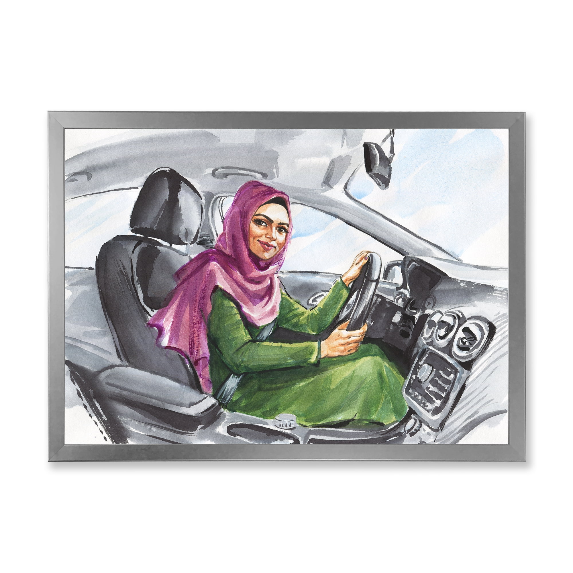 Designart 'Arabian Lady Driving A Car II' Modern Framed Art Print