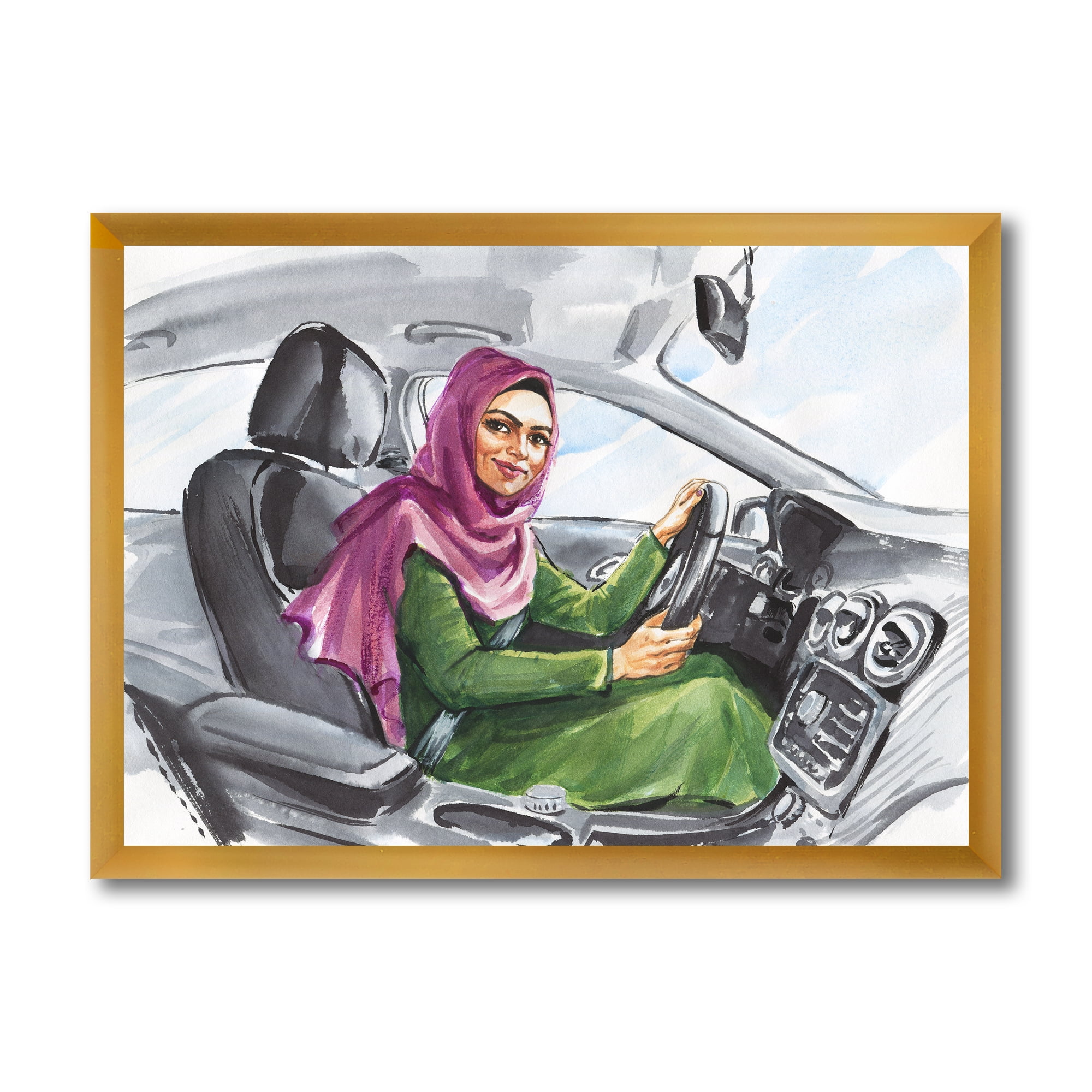 Designart 'Arabian Lady Driving A Car II' Modern Framed Art Print