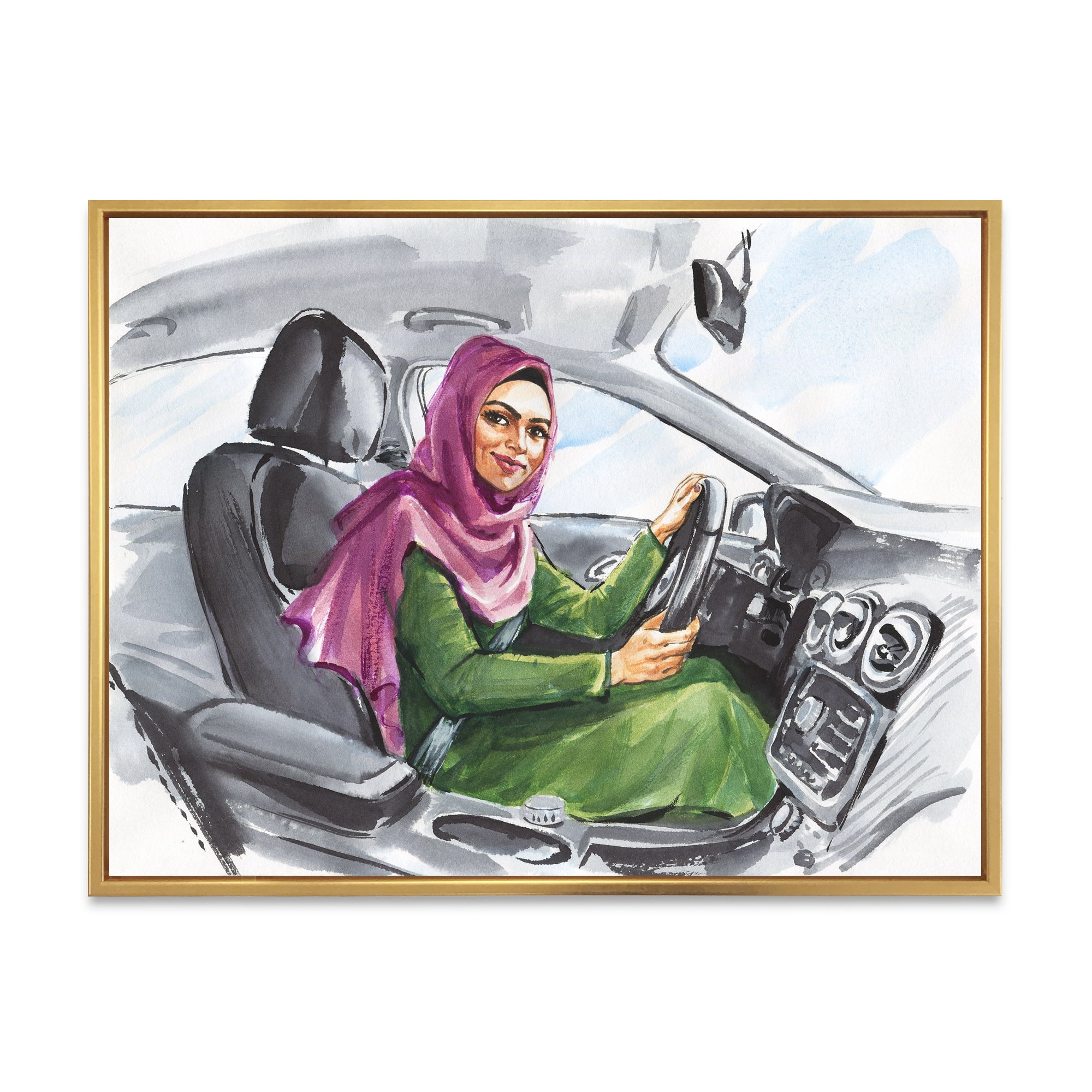 Designart 'Arabian Lady Driving A Car II' Modern Framed Canvas Wall Art Print