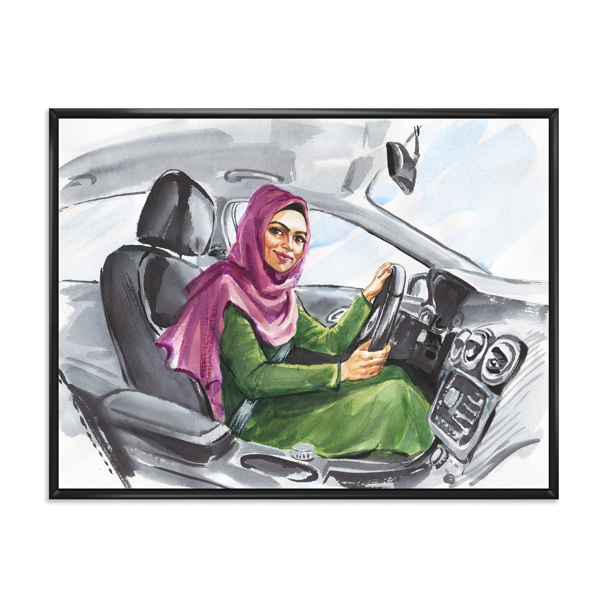 Designart 'Arabian Lady Driving A Car II' Modern Framed Canvas Wall Art Print