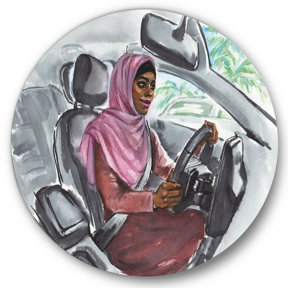 Designart 'Arabian Lady Driving A Car III' Modern Circle Metal Wall Art 36x36 - Disc of 36