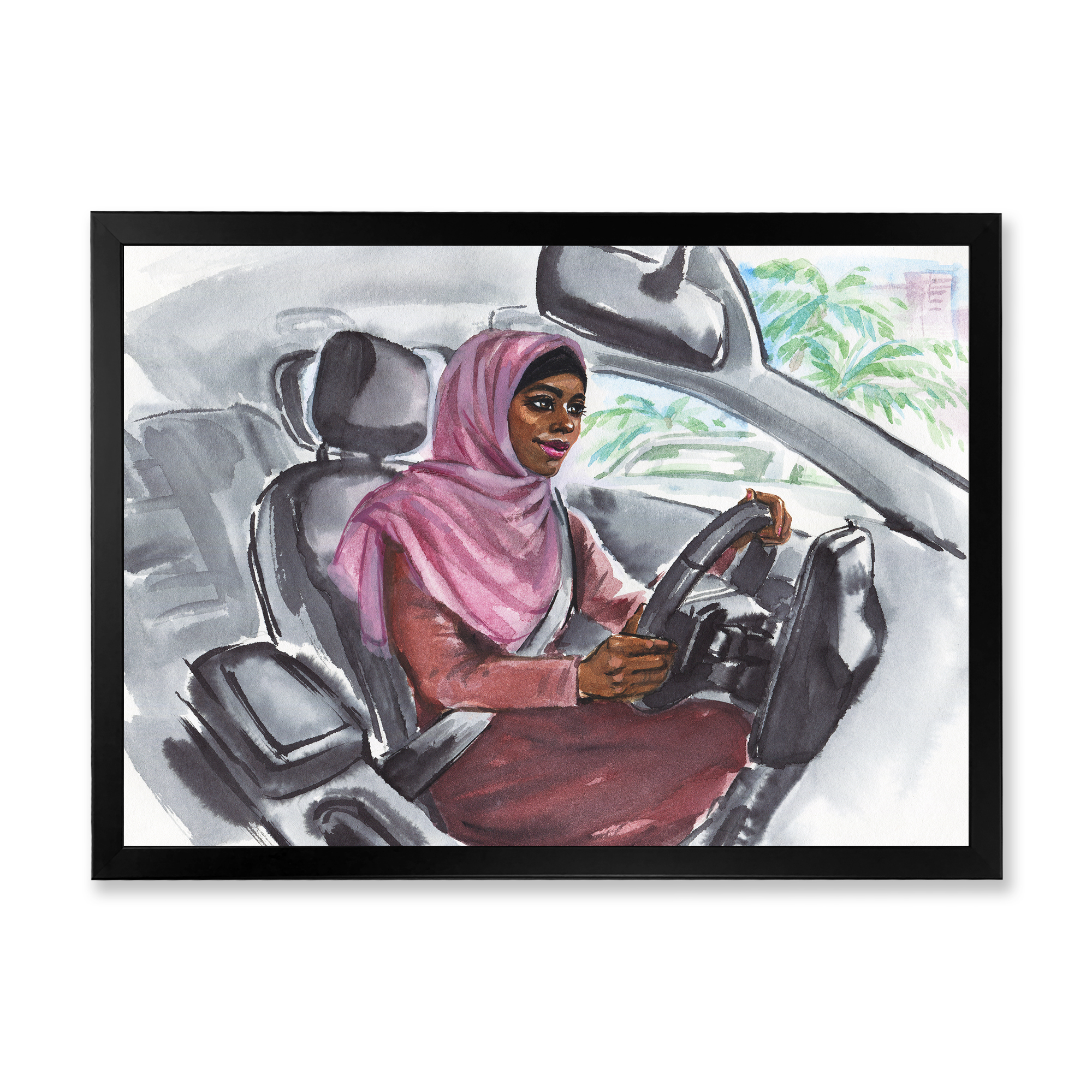 Designart 'Arabian Lady Driving A Car III' Modern Framed Art Print
