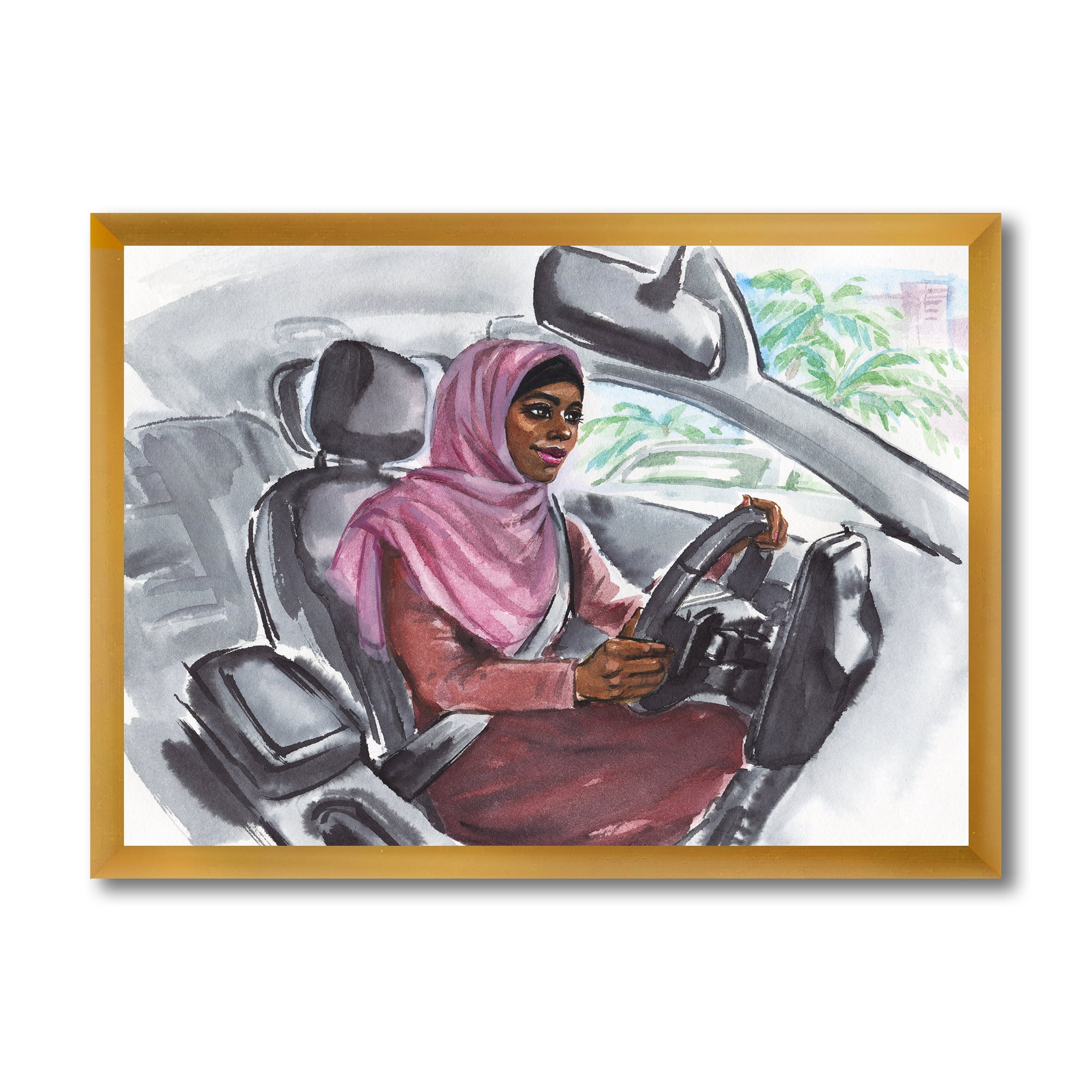 Designart 'Arabian Lady Driving A Car III' Modern Framed Art Print
