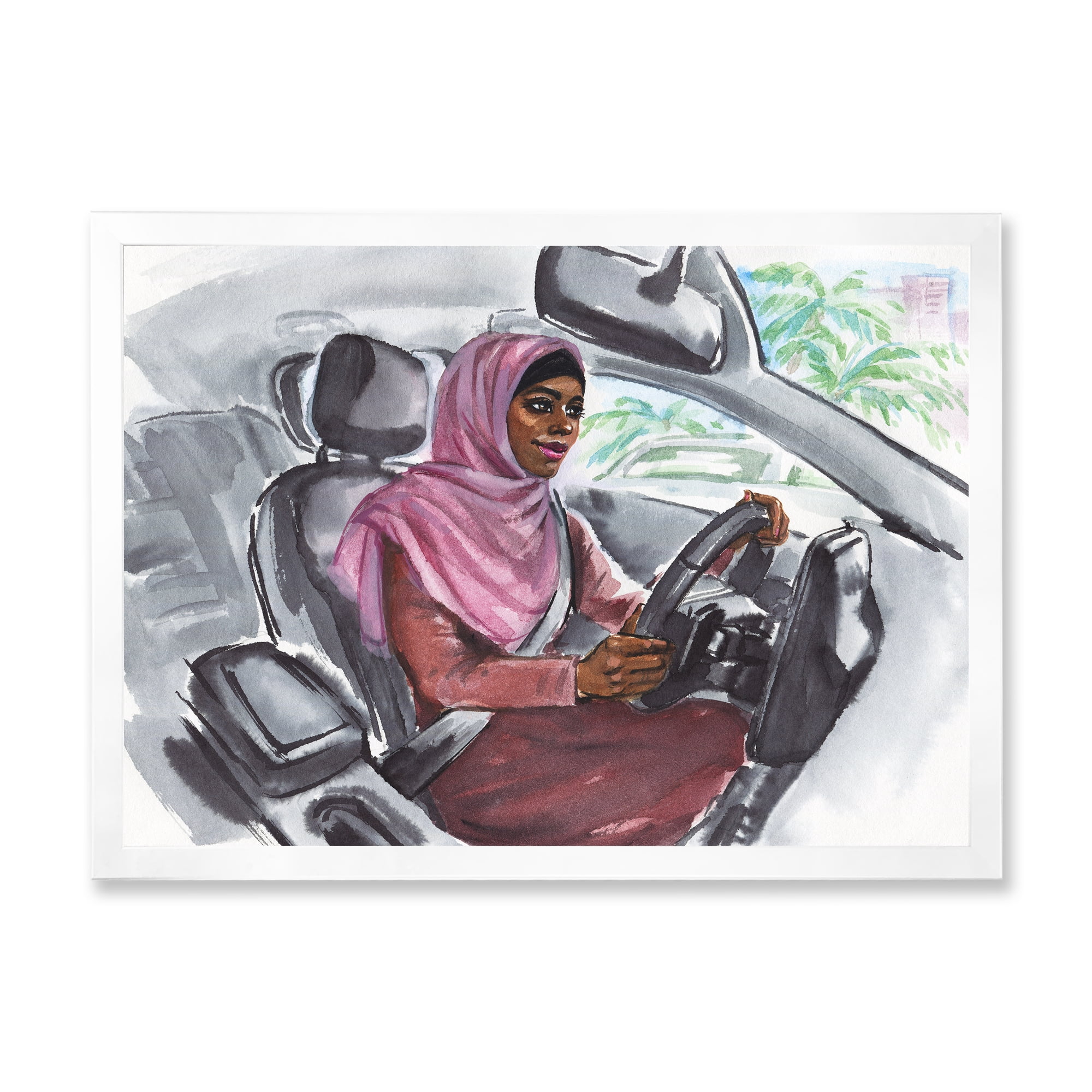 Designart 'Arabian Lady Driving A Car III' Modern Framed Art Print