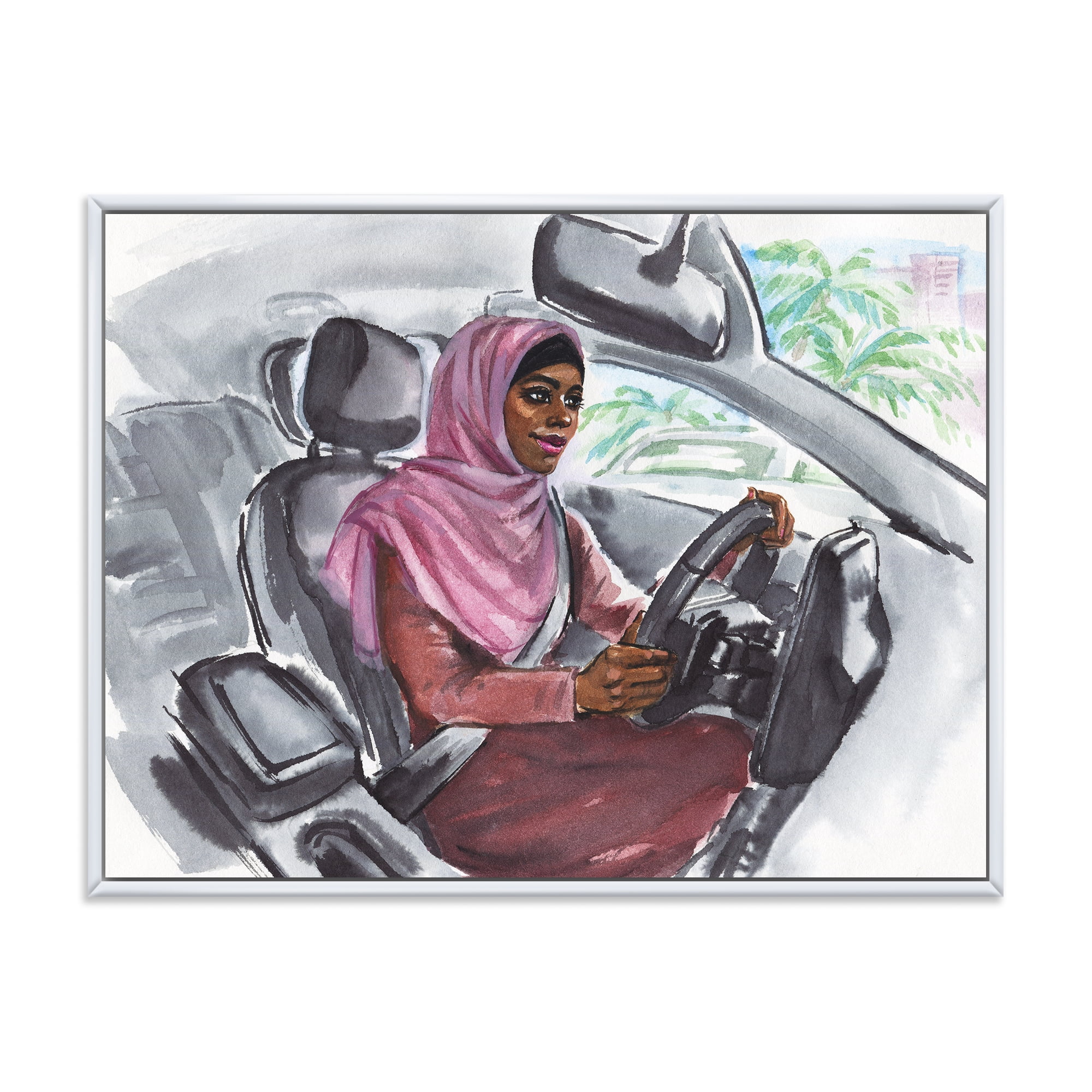 Designart 'Arabian Lady Driving A Car III' Modern Framed Canvas Wall Art Print
