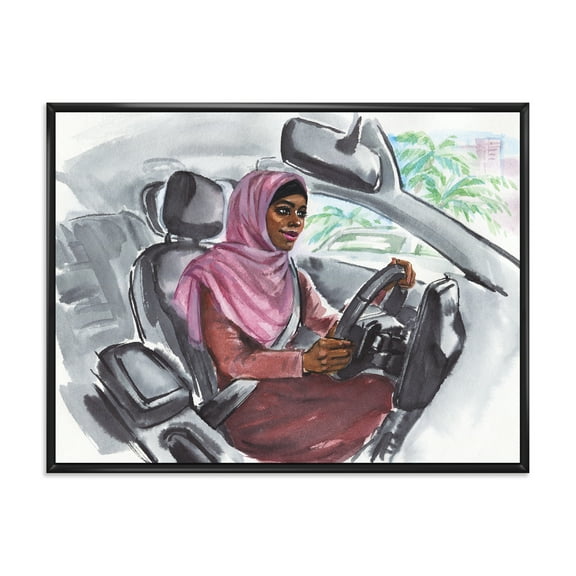 Designart 'Arabian Lady Driving A Car III' Modern Framed Canvas Wall Art Print