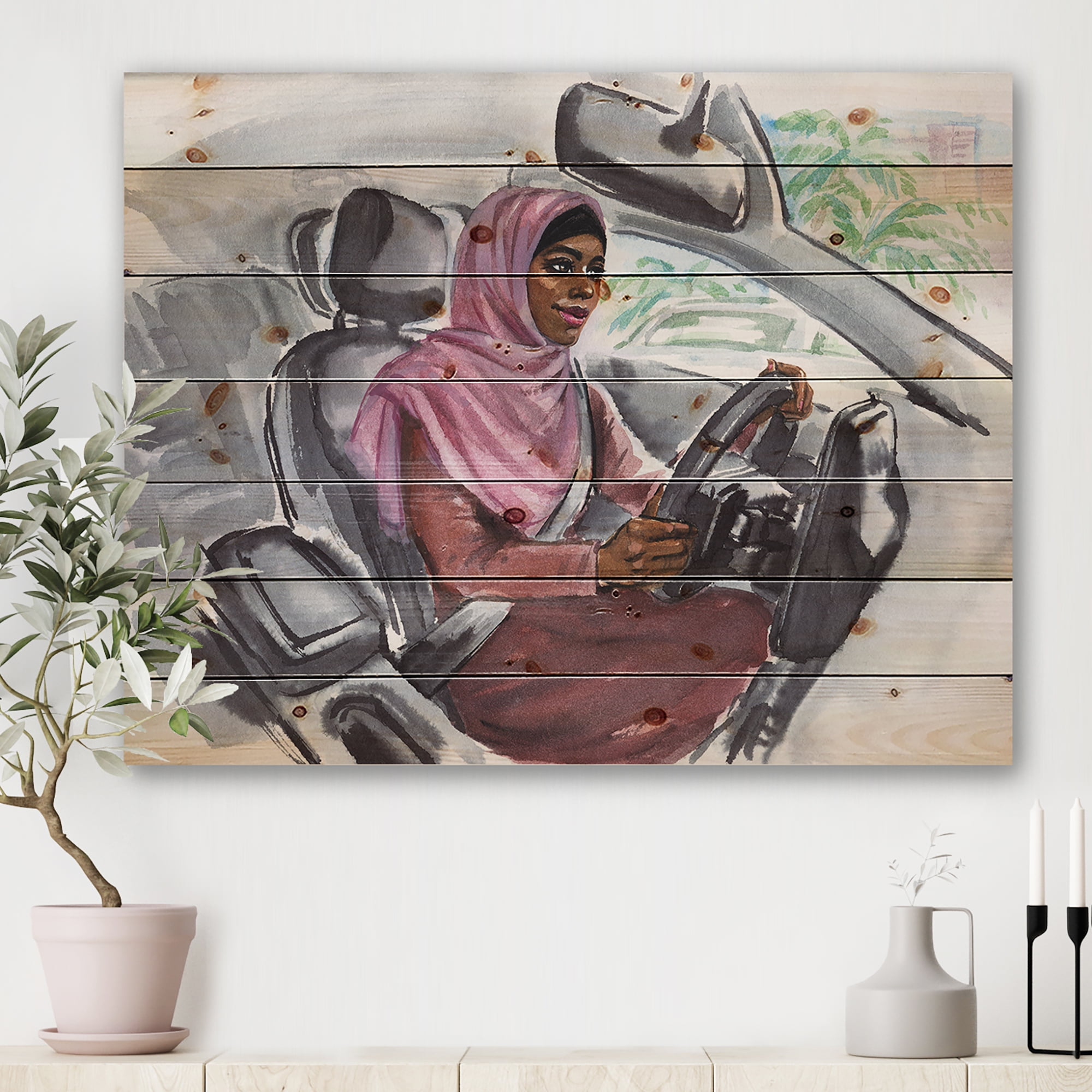Designart 'Arabian Lady Driving A Car III' Modern Print on Natural Pine Wood