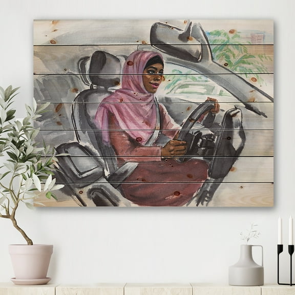 Designart 'Arabian Lady Driving A Car III' Modern Print on Natural Pine Wood