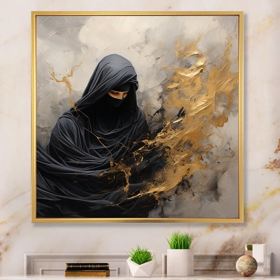 Designart "Arabic Woman In Black And Gold" Abstract Painting Floater Framed Wall Decor