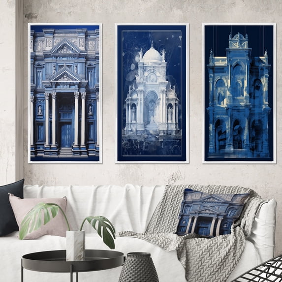 Designart "Architectural Blueprint of London II" Futuristic Architecture Framed Wall Art Set Of 3 - Blue Industrial Frame Canvas Set For Living Room Decor