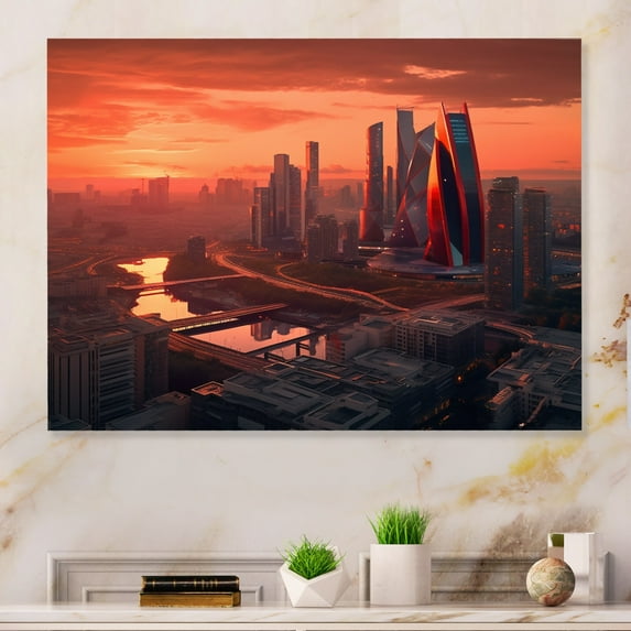 Designart "Architectural Marvels Orange And Pink II" City Art Deco Metal Art Living Room